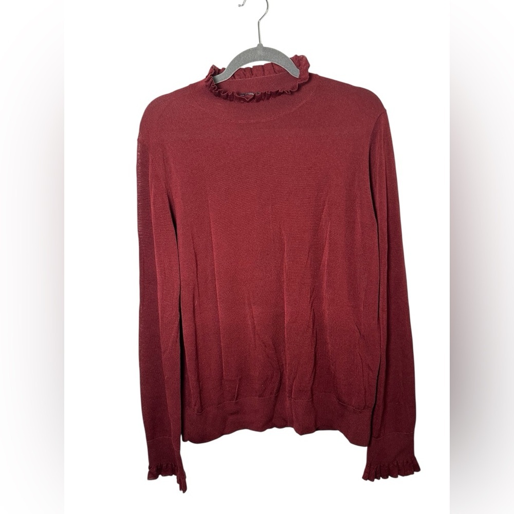 Lafayette 148 New York Women’s Ruffle Mock Neck Sweater Burgundy Medium - Picture 2 of 7